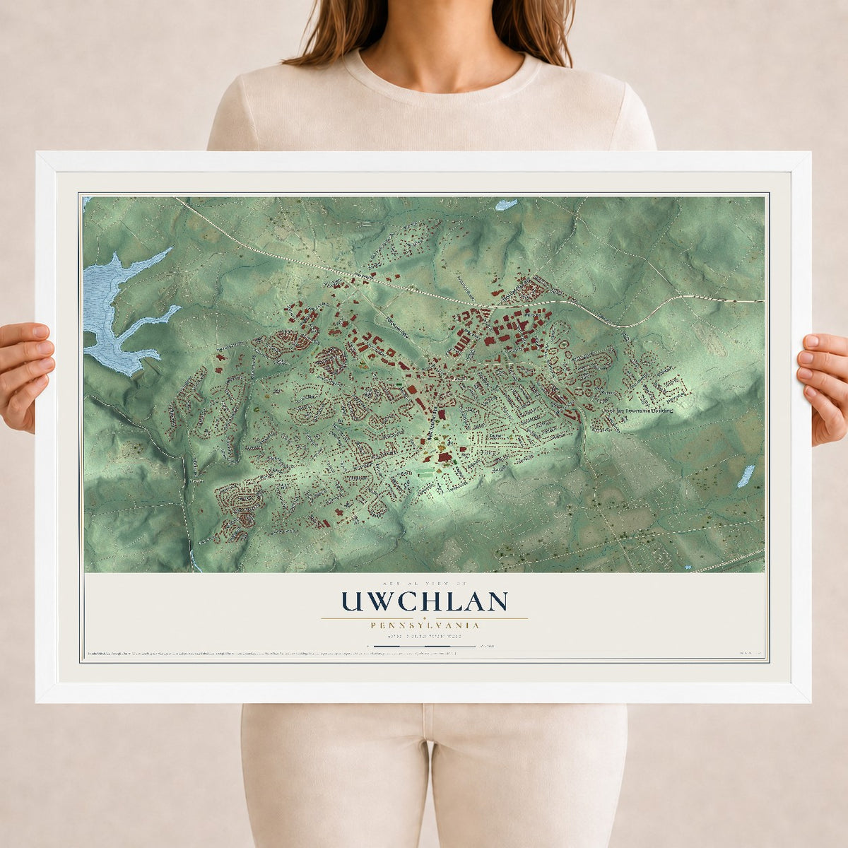 Map of Uwchlan, Pennsylvania, 18 x 24 inch print in a white wood frame