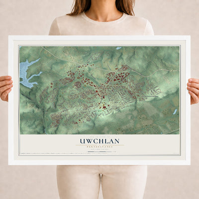 Map of Uwchlan, Pennsylvania, 18 x 24 inch print in a white wood frame