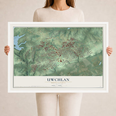 Map of Uwchlan, Pennsylvania, 24 x 36 inch print in a white wood frame