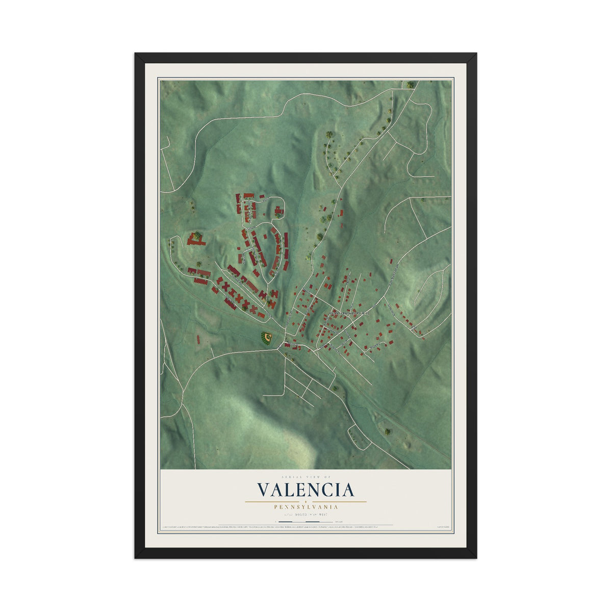 Map of Valencia, Pennsylvania, 12 x 18 inch print in a black wood frame
