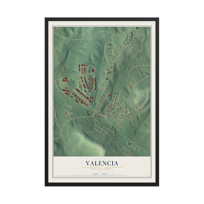 Map of Valencia, Pennsylvania, 12 x 18 inch print in a black wood frame