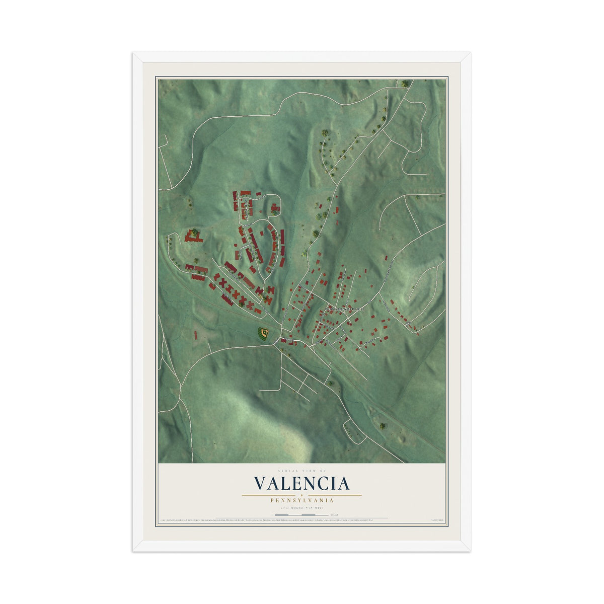 Map of Valencia, Pennsylvania, 12 x 18 inch print in a white wood frame