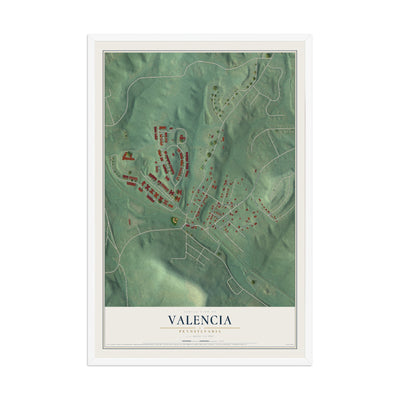 Map of Valencia, Pennsylvania, 12 x 18 inch print in a white wood frame