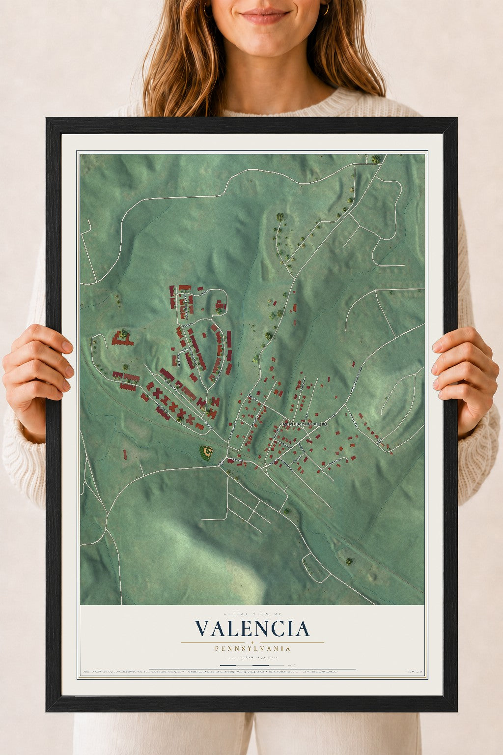 Map of Valencia, Pennsylvania, 18 x 24 inch print in a black wood frame