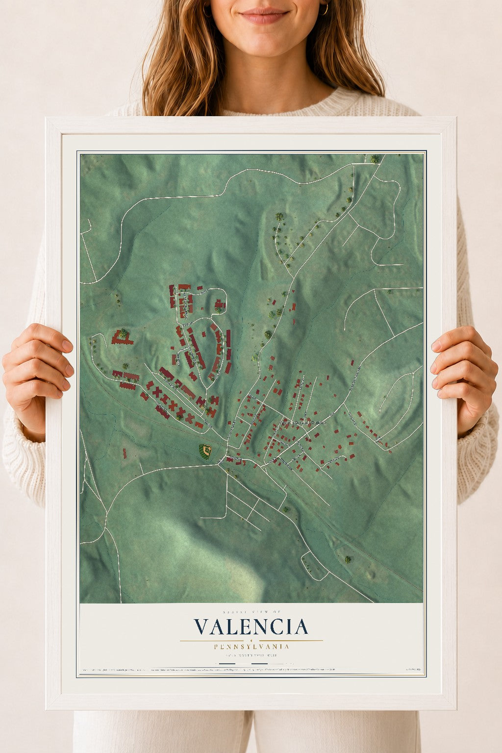 Map of Valencia, Pennsylvania, 18 x 24 inch print in a white wood frame