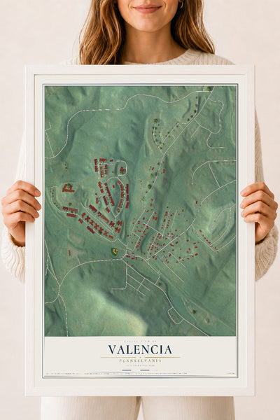 Map of Valencia, Pennsylvania, 18 x 24 inch print in a white wood frame