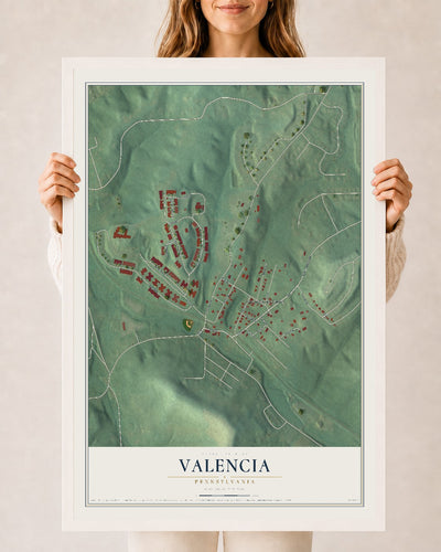 Map of Valencia, Pennsylvania, 24 x 36 inch print in a white wood frame