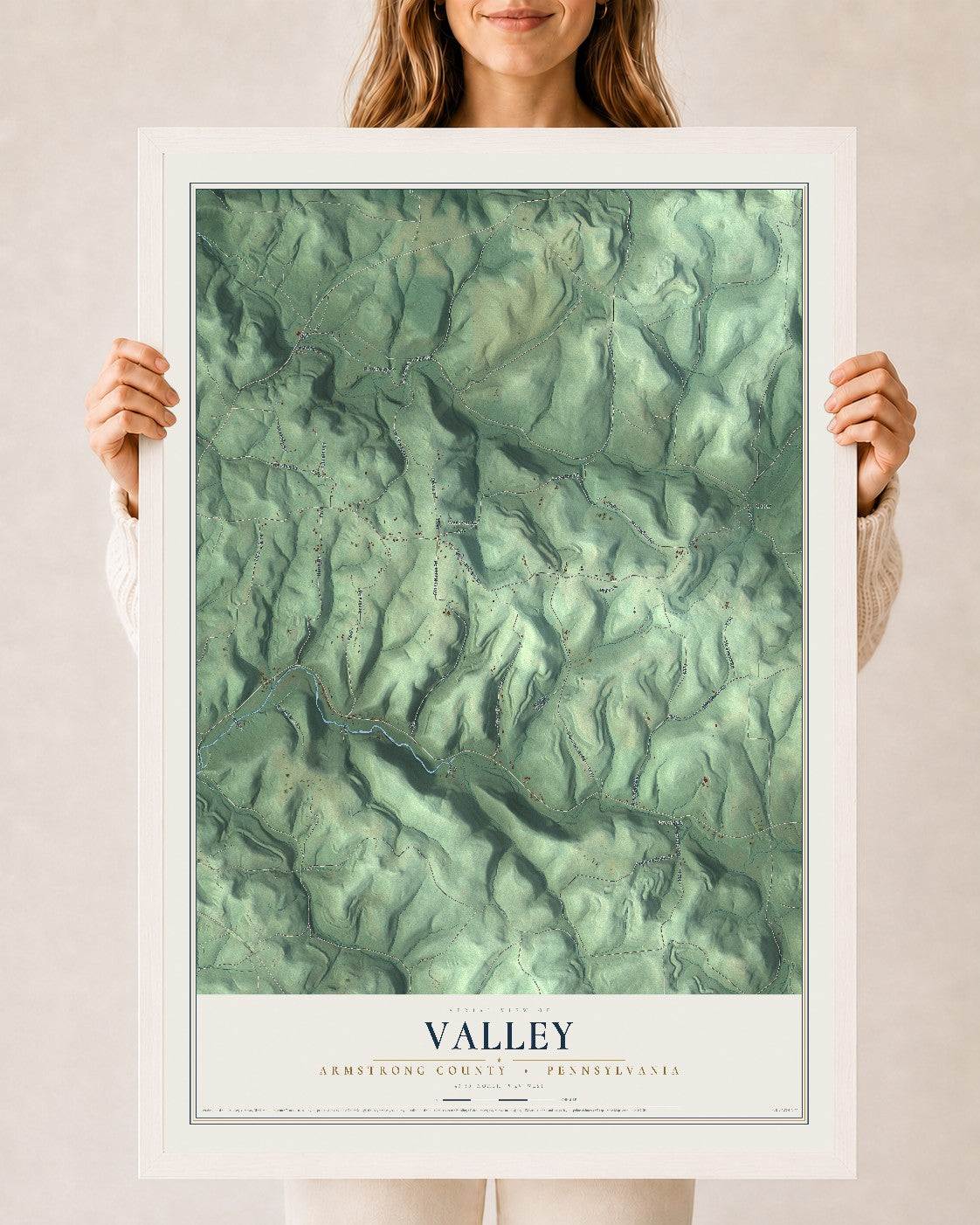 Map of Valley, Armstrong County, Pennsylvania, 24 x 36 inch print in a white wood frame