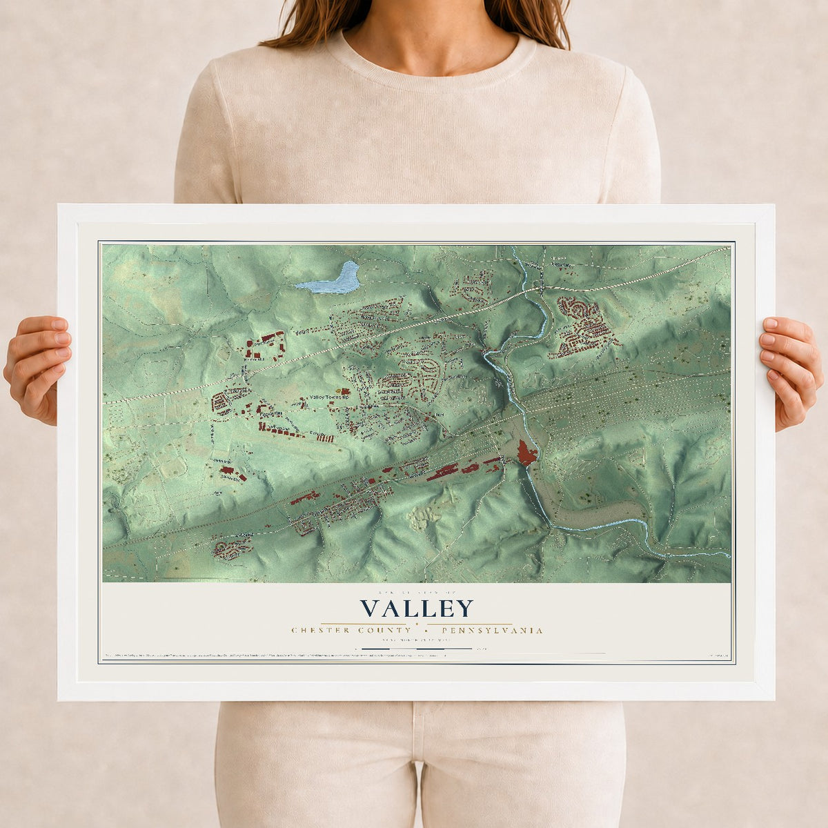 Map of Valley, Chester County, Pennsylvania, 12 x 18 inch print in a white wood frame