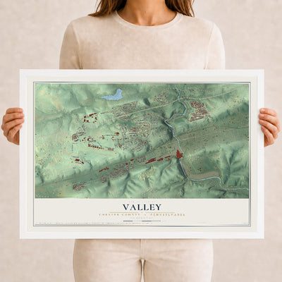 Map of Valley, Chester County, Pennsylvania, 12 x 18 inch print in a white wood frame