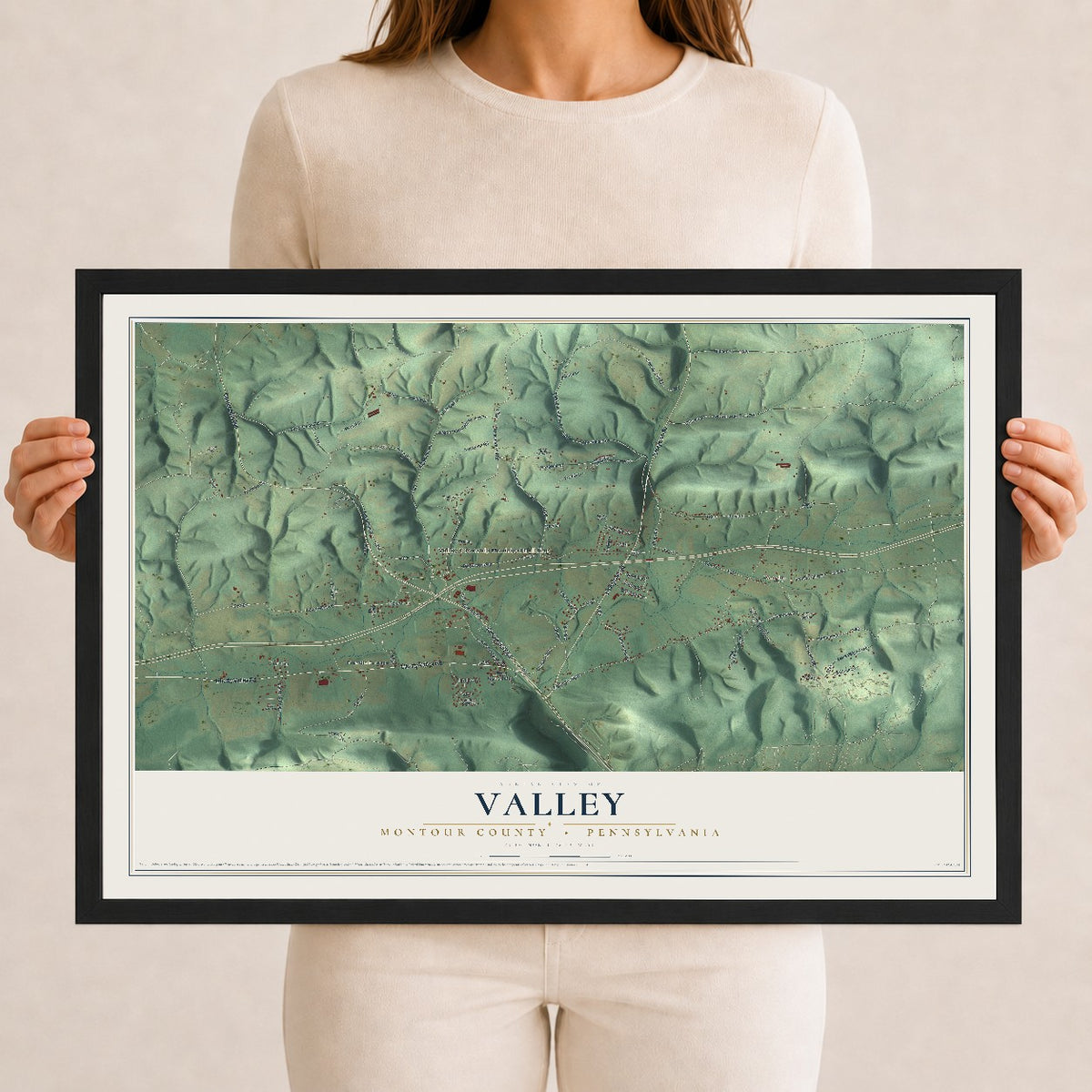 Map of Valley, Montour County, Pennsylvania, 12 x 18 inch print in a black wood frame