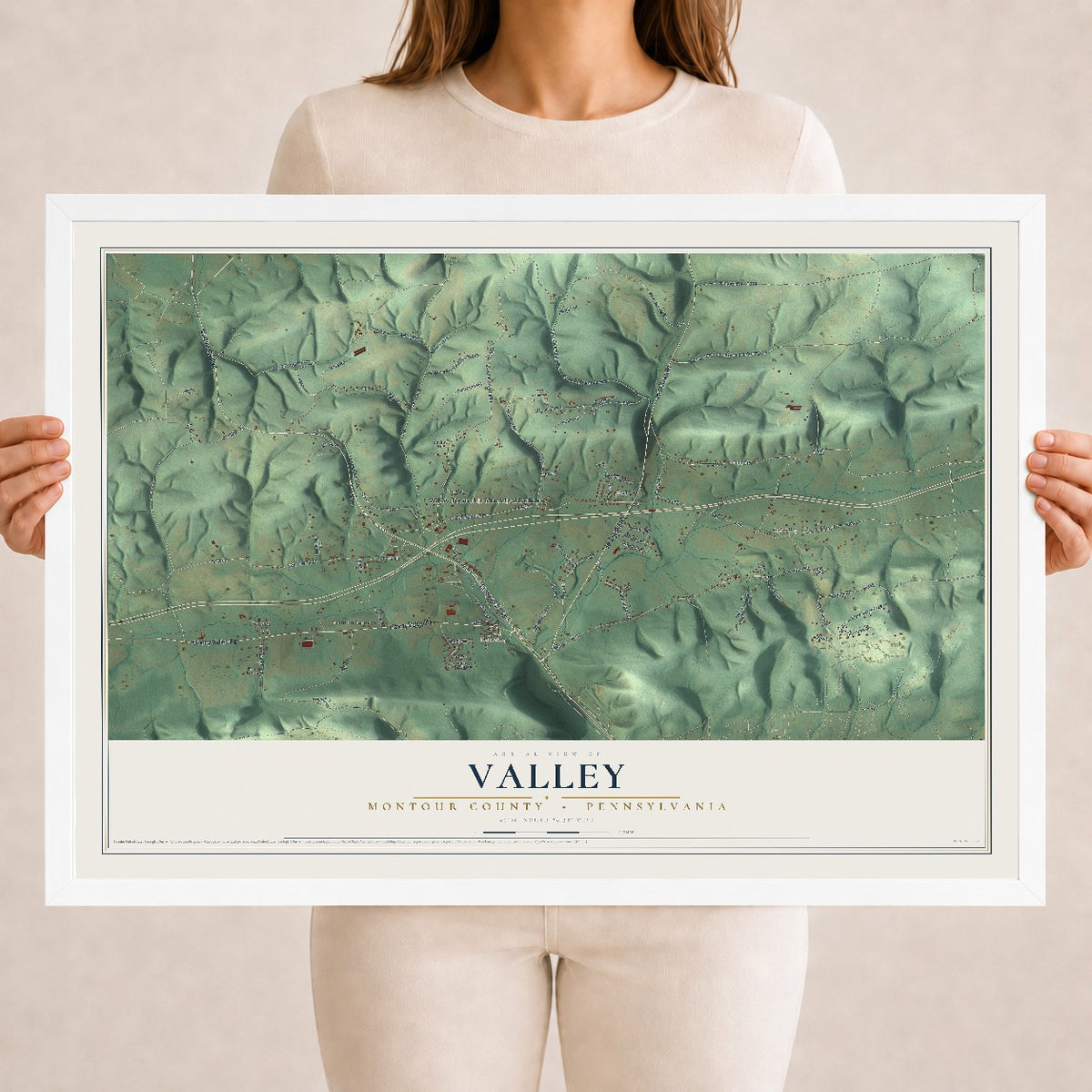 Map of Valley, Montour County, Pennsylvania, 18 x 24 inch print in a white wood frame