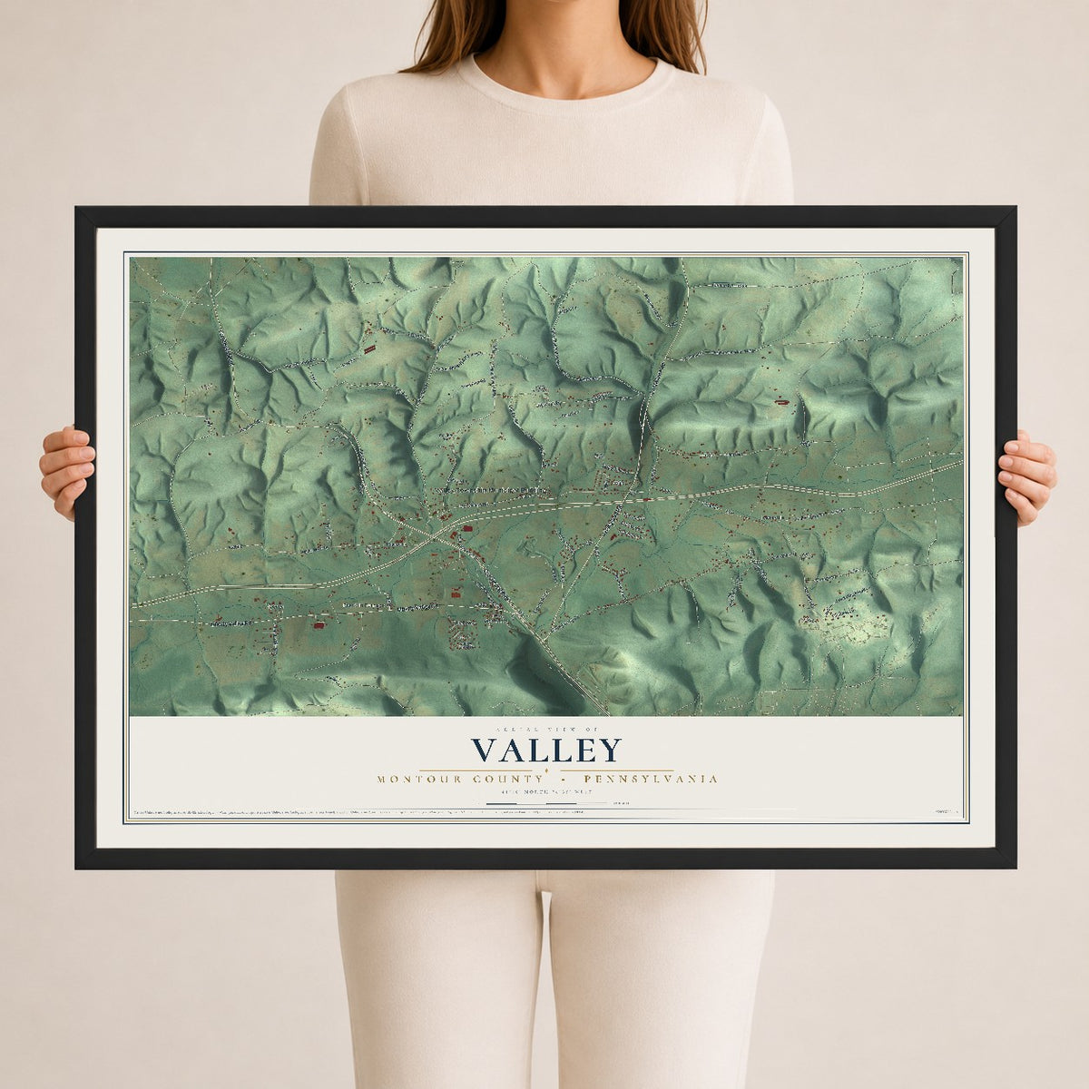 Map of Valley, Montour County, Pennsylvania, 24 x 36 inch print in a black wood frame