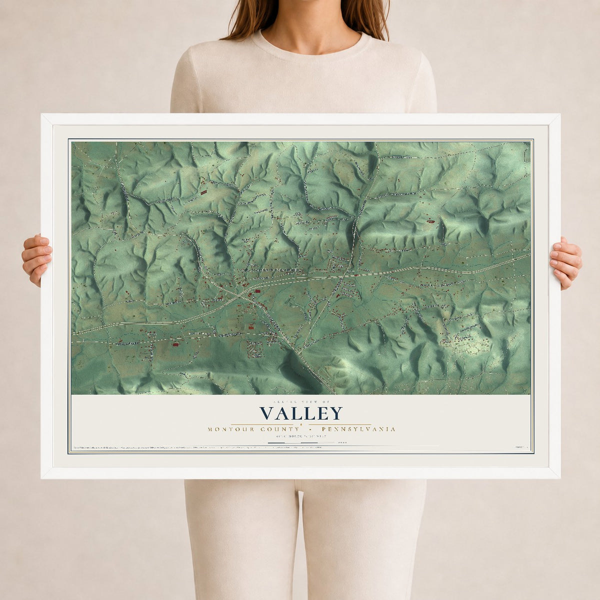Map of Valley, Montour County, Pennsylvania, 24 x 36 inch print in a white wood frame