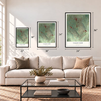 Valley View, Pennsylvania map in 12 x 18, 18 x 24 and 24 x 36 inch sizes above a sofa