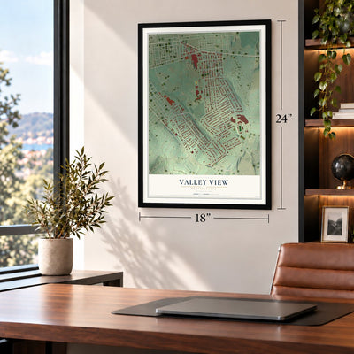 Valley View, Pennsylvania map, 18 x 24 inch print in a black frame in a home office
