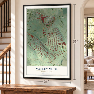 Valley View, Pennsylvania map, 24 x 36 inch print in a black frame by a staircase