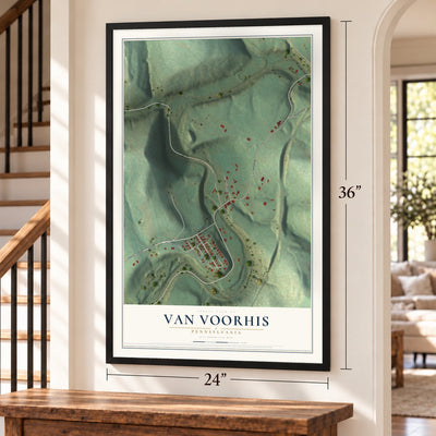 Van Voorhis, Pennsylvania map, 24 x 36 inch print in a black frame by a staircase