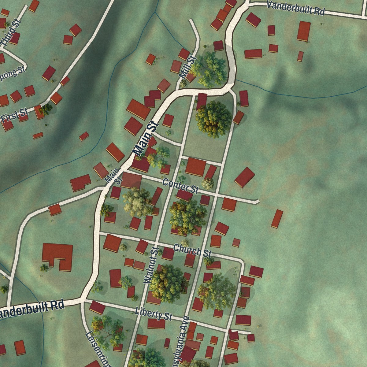 Close-up of the map of Vanderbilt, Pennsylvania print showing street and building detail