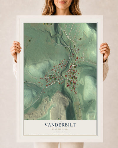 Map of Vanderbilt, Pennsylvania, 24 x 36 inch print in a white wood frame
