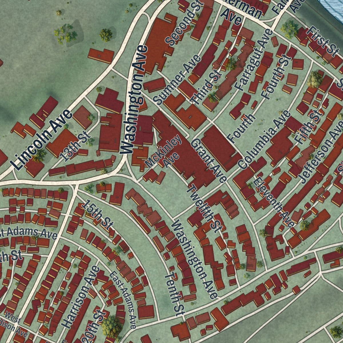 Second close-up of the map of Vandergrift, Pennsylvania print showing more streets and buildings