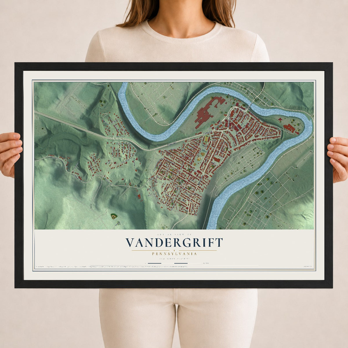 Map of Vandergrift, Pennsylvania, 18 x 24 inch print in a black wood frame