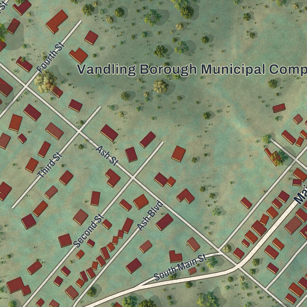 Close-up of the map of Vandling, Pennsylvania print showing street and building detail