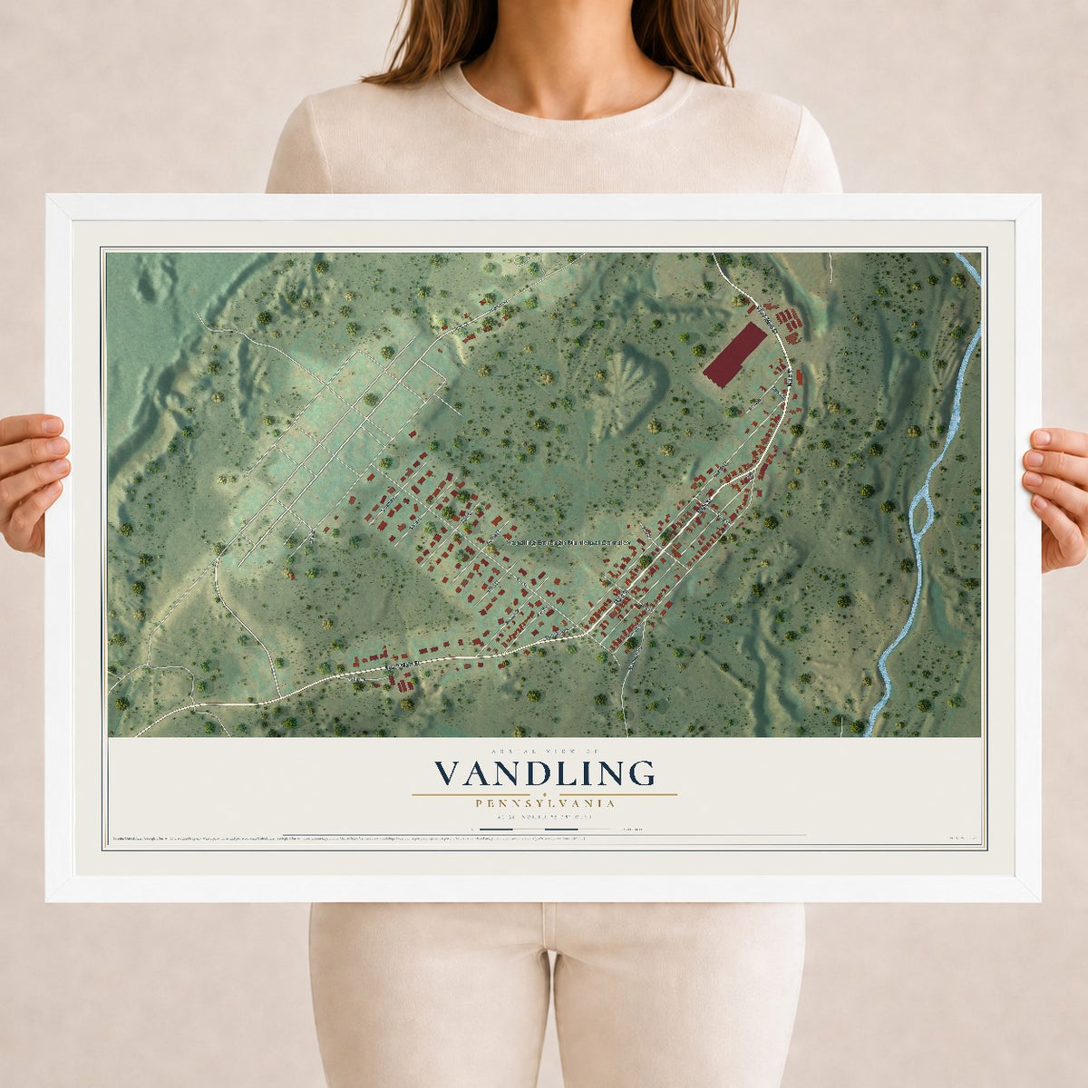 Map of Vandling, Pennsylvania, 18 x 24 inch print in a white wood frame