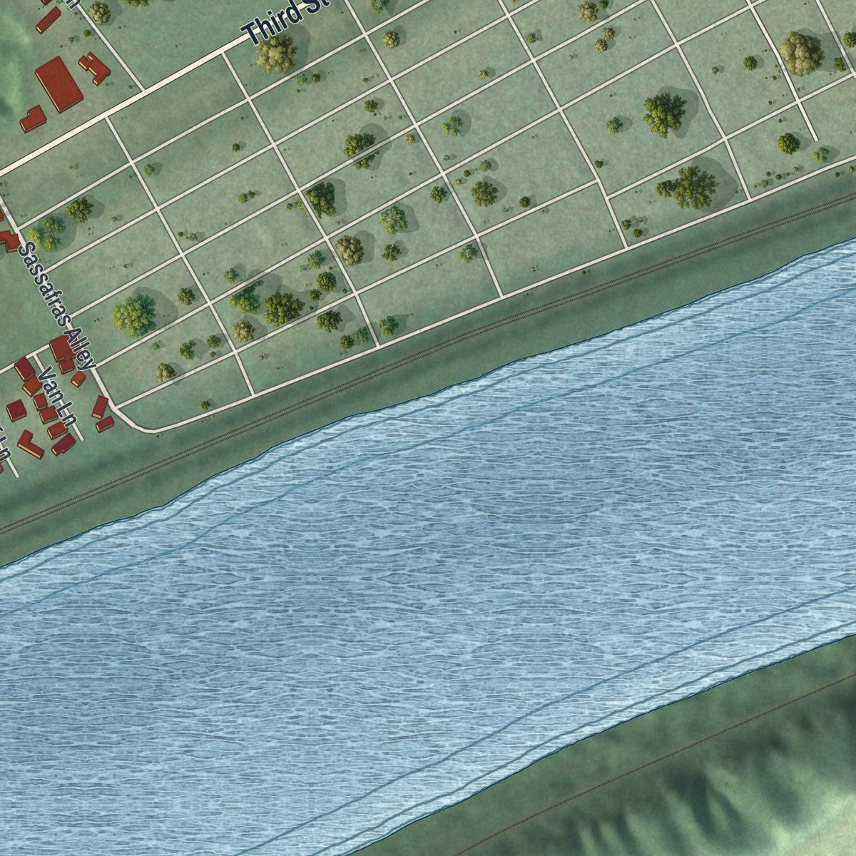 Second close-up of the map of Vanport, Pennsylvania print showing more streets and buildings