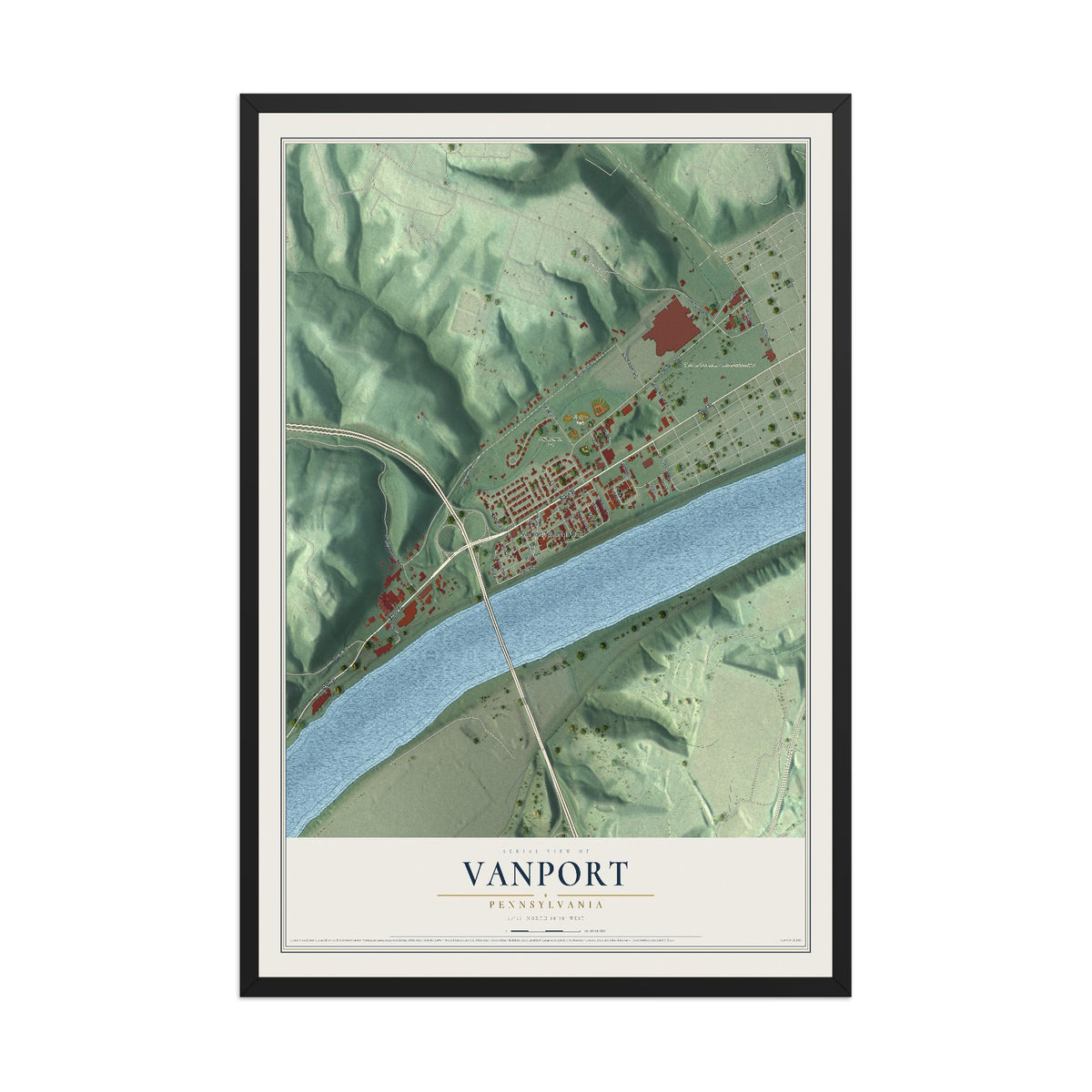 Map of Vanport, Pennsylvania, 12 x 18 inch print in a black wood frame