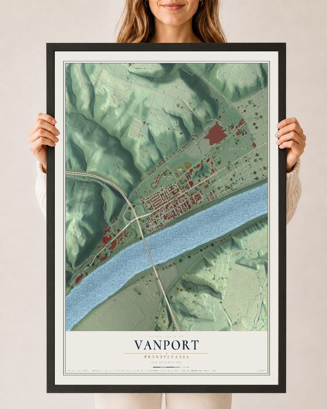 Map of Vanport, Pennsylvania, 24 x 36 inch print in a black wood frame