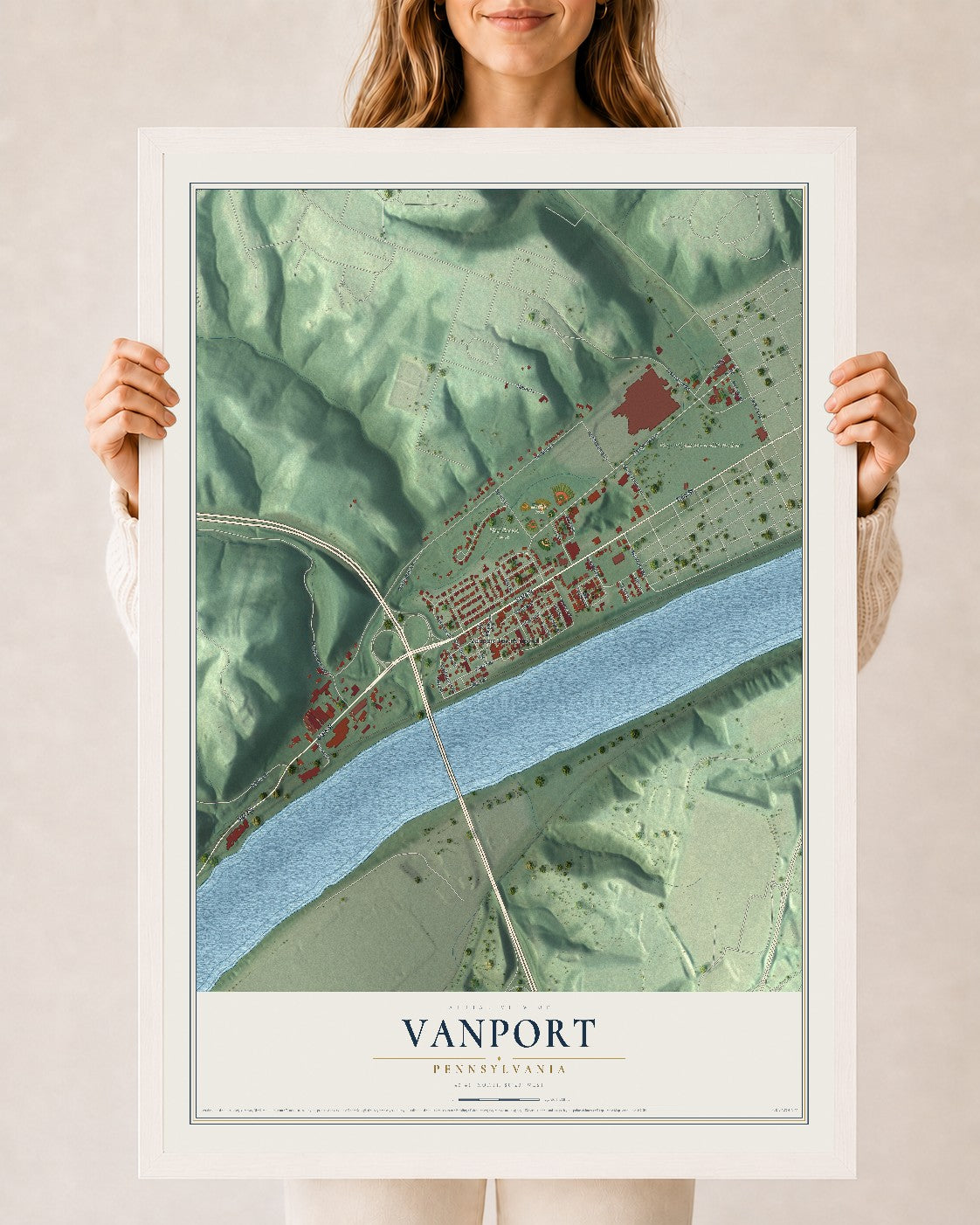 Map of Vanport, Pennsylvania, 24 x 36 inch print in a white wood frame