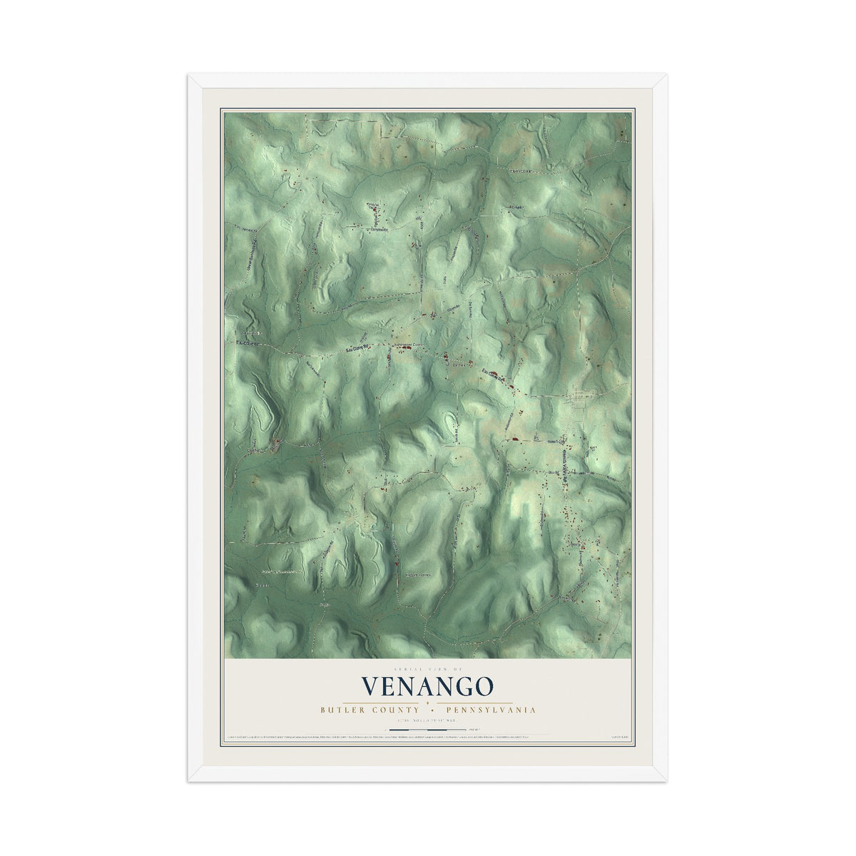 Map of Venango, Butler County, Pennsylvania, 12 x 18 inch print in a white wood frame