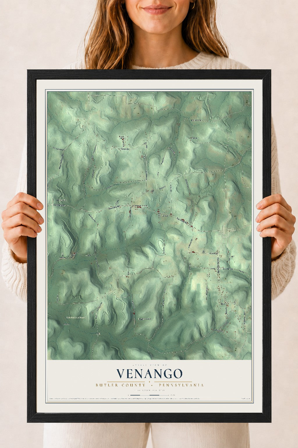 Map of Venango, Butler County, Pennsylvania, 18 x 24 inch print in a black wood frame