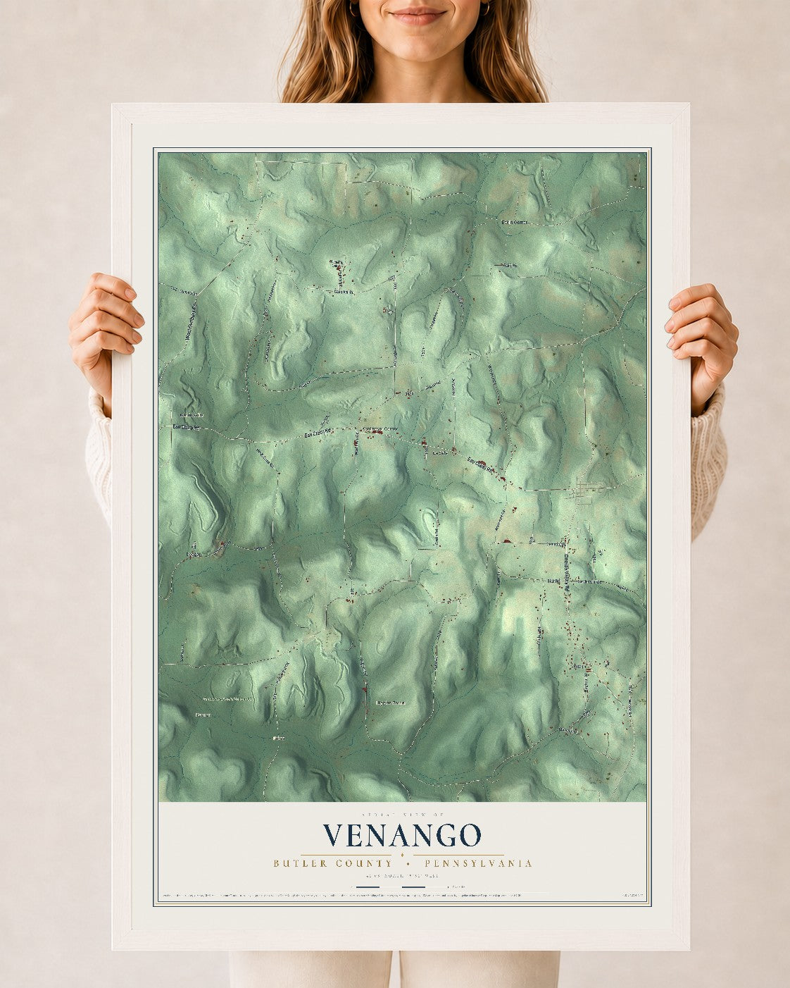 Map of Venango, Butler County, Pennsylvania, 24 x 36 inch print in a white wood frame