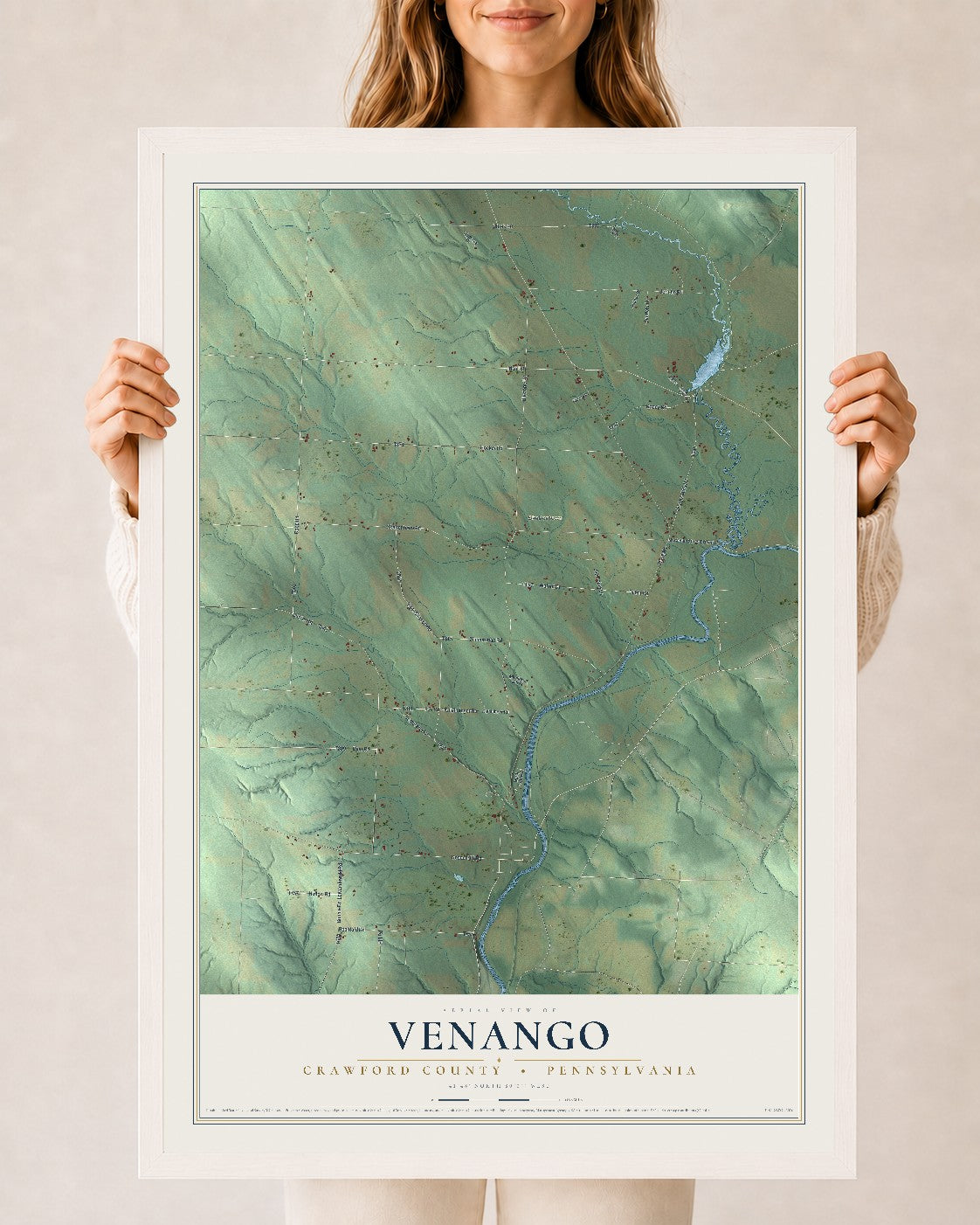 Map of Venango, Crawford County, Pennsylvania, 24 x 36 inch print in a white wood frame