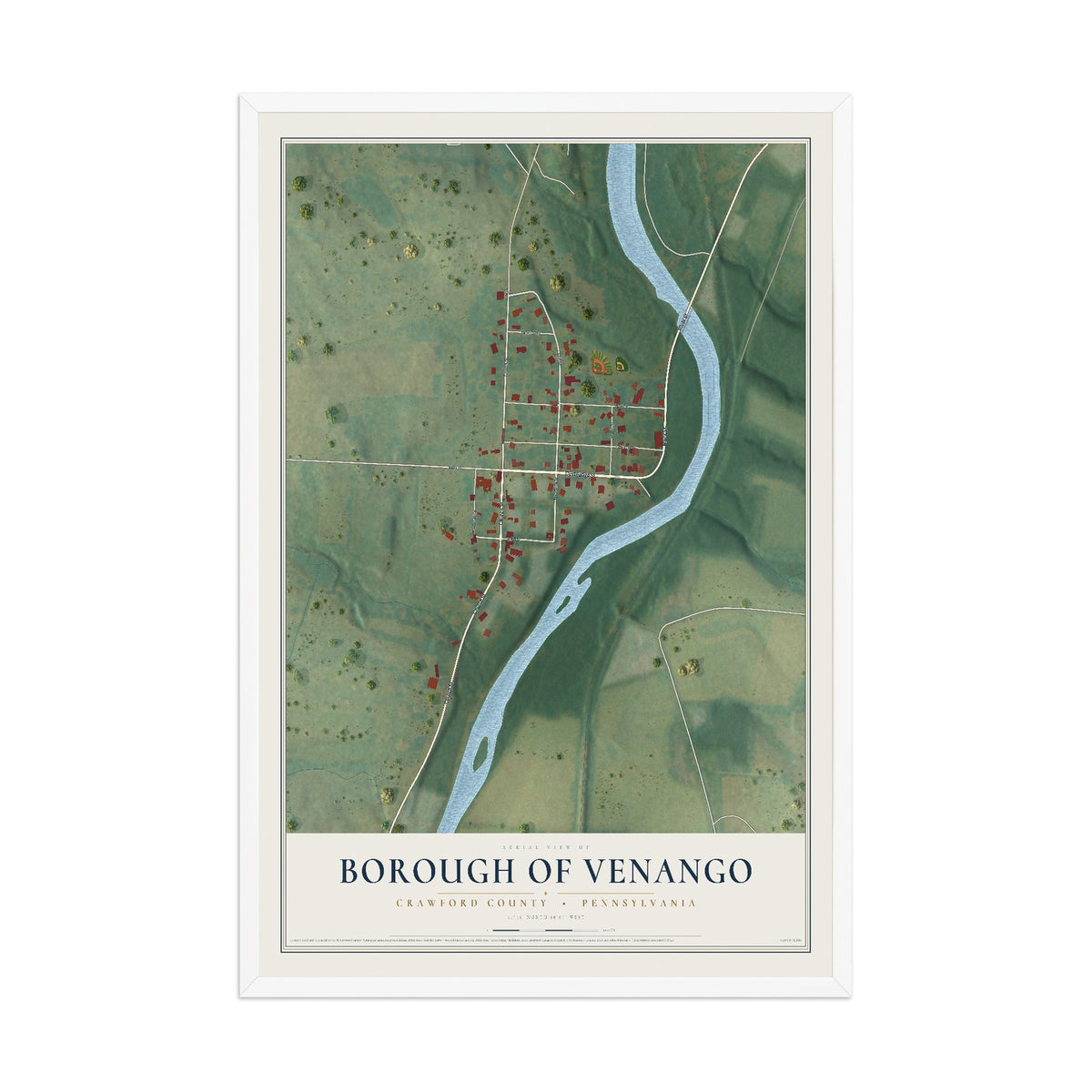 Map of the Borough of Venango, Crawford County, Pennsylvania, 12 x 18 inch print in a white wood frame