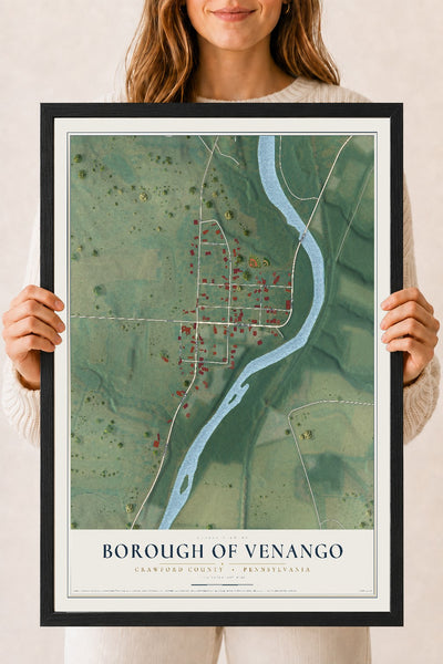 Map of the Borough of Venango, Crawford County, Pennsylvania, 18 x 24 inch print in a black wood frame