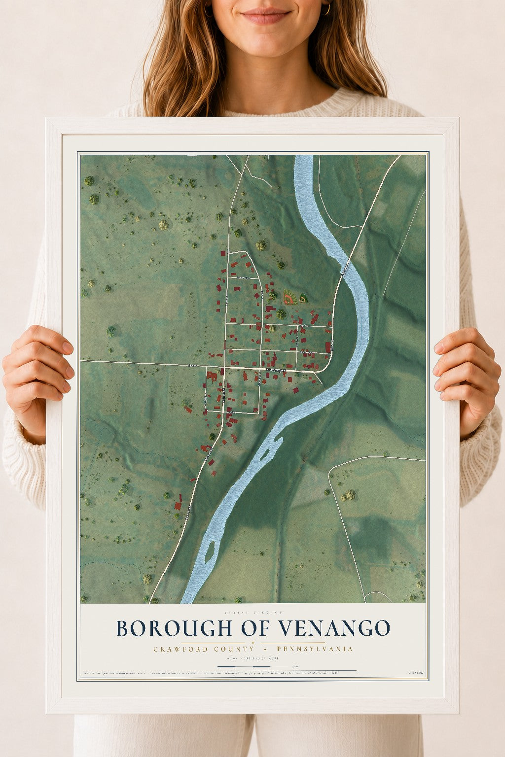 Map of the Borough of Venango, Crawford County, Pennsylvania, 18 x 24 inch print in a white wood frame