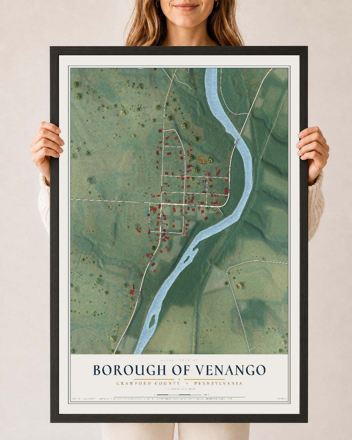 Map of the Borough of Venango, Crawford County, Pennsylvania, 24 x 36 inch print in a black wood frame