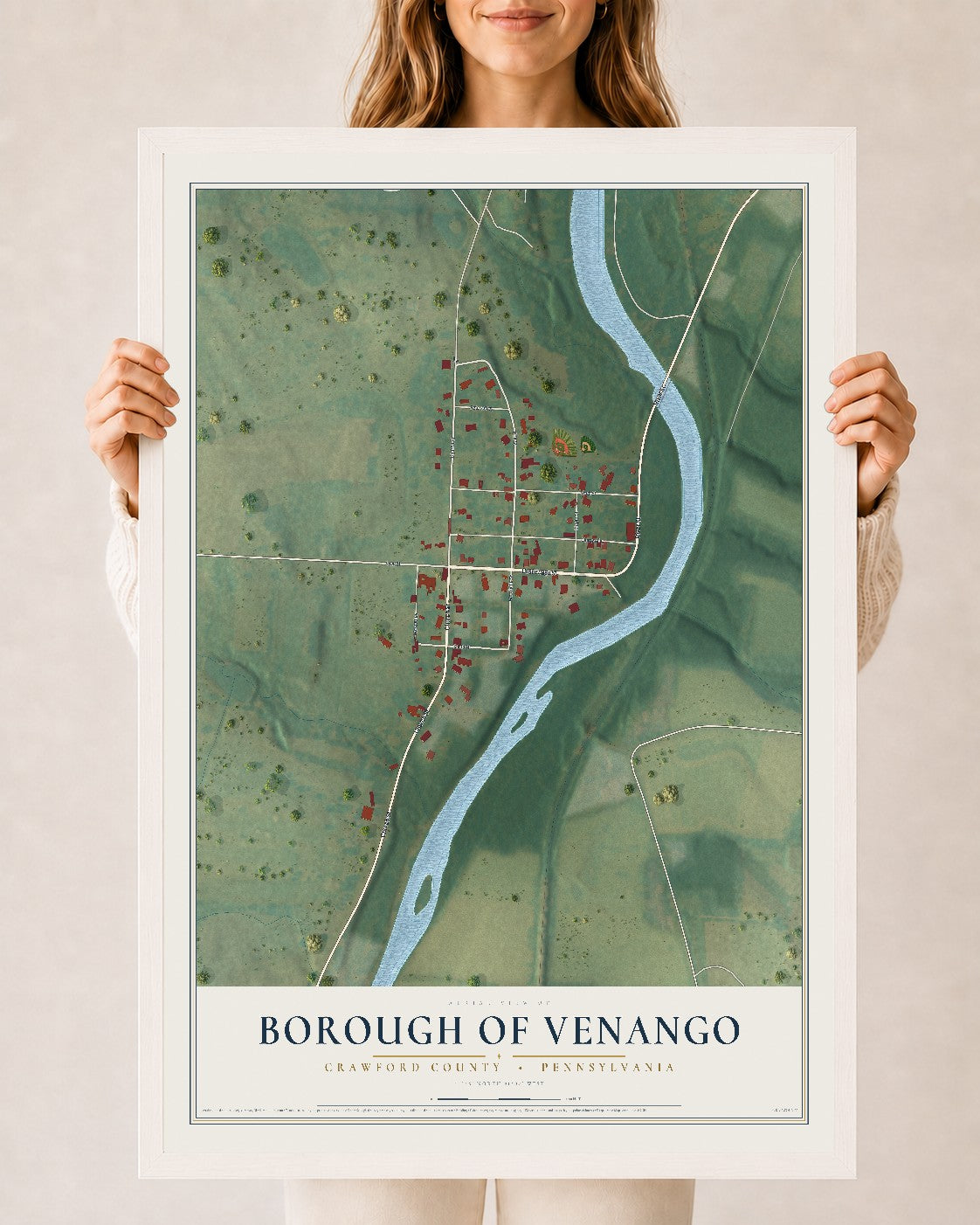 Map of the Borough of Venango, Crawford County, Pennsylvania, 24 x 36 inch print in a white wood frame