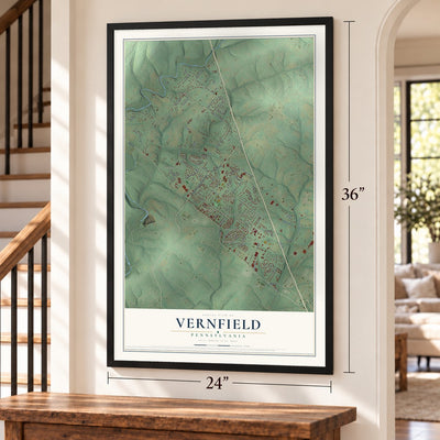 Vernfield, Pennsylvania map, 24 x 36 inch print in a black frame by a staircase