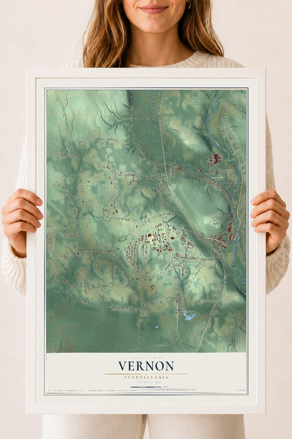 Map of Vernon, Pennsylvania, 18 x 24 inch print in a white wood frame