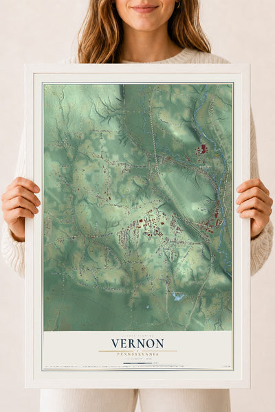Map of Vernon, Pennsylvania, 18 x 24 inch print in a white wood frame