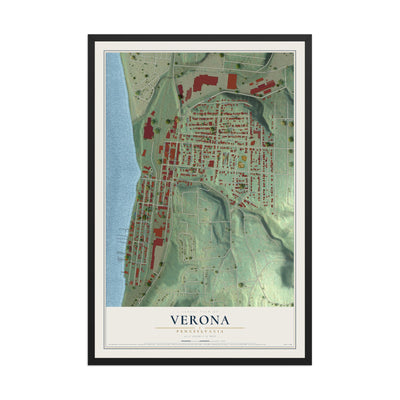 Map of Verona, Pennsylvania, 12 x 18 inch print in a black wood frame