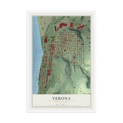 Map of Verona, Pennsylvania, 12 x 18 inch print in a white wood frame