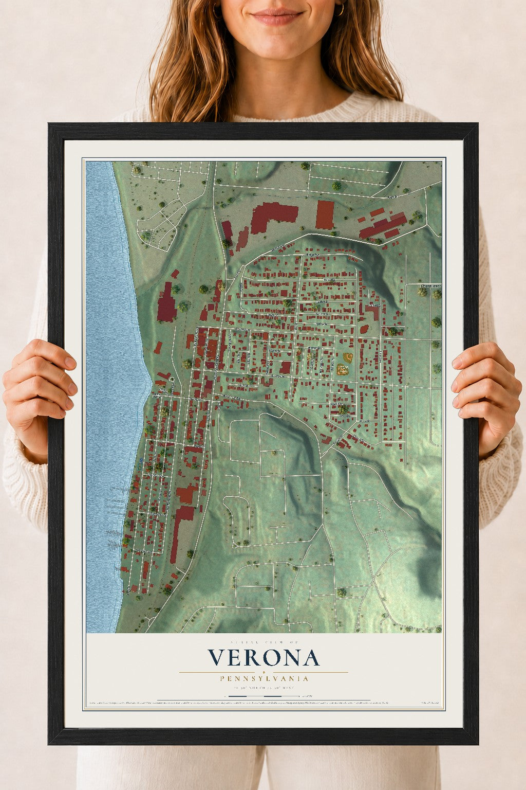 Map of Verona, Pennsylvania, 18 x 24 inch print in a black wood frame