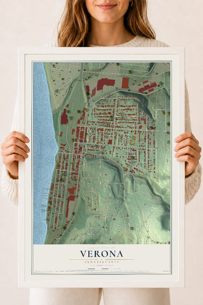 Map of Verona, Pennsylvania, 18 x 24 inch print in a white wood frame