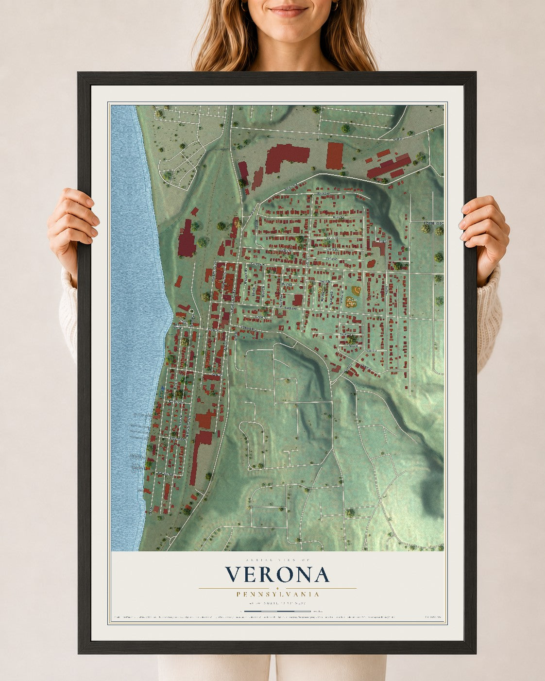 Map of Verona, Pennsylvania, 24 x 36 inch print in a black wood frame