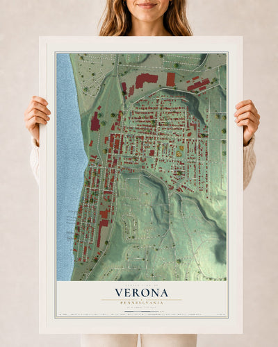 Map of Verona, Pennsylvania, 24 x 36 inch print in a white wood frame
